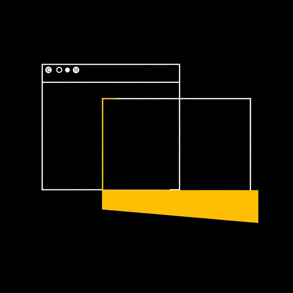 Abstract black and gold shapes forming a browser window and a presentation slide